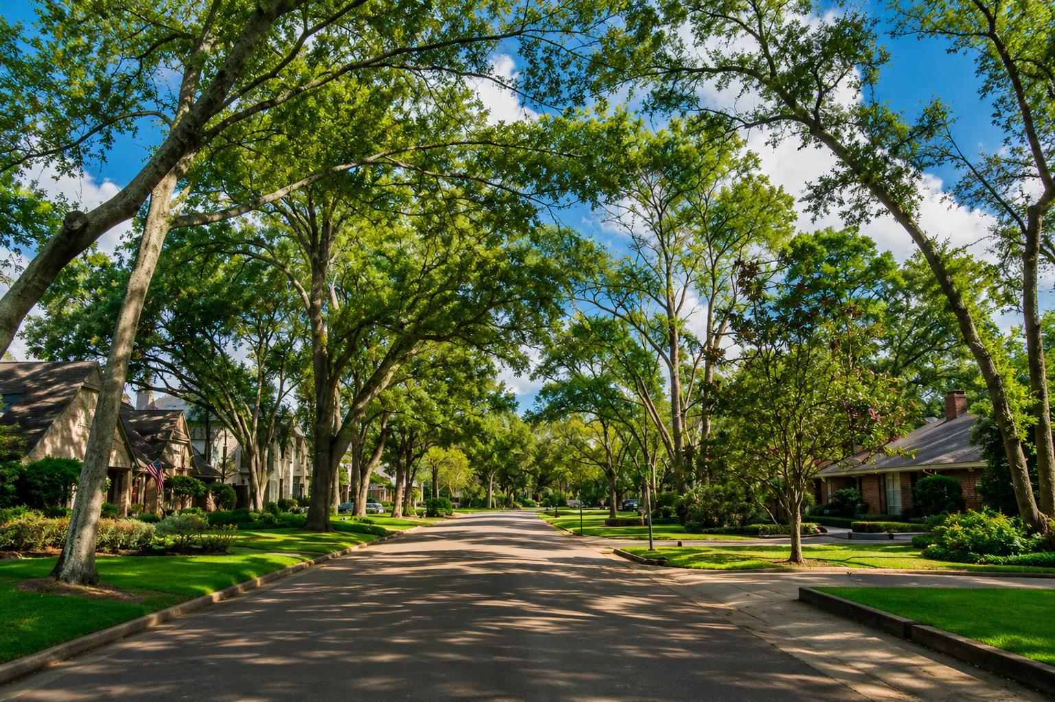 Tree-lined residential street in the Memorial Villages